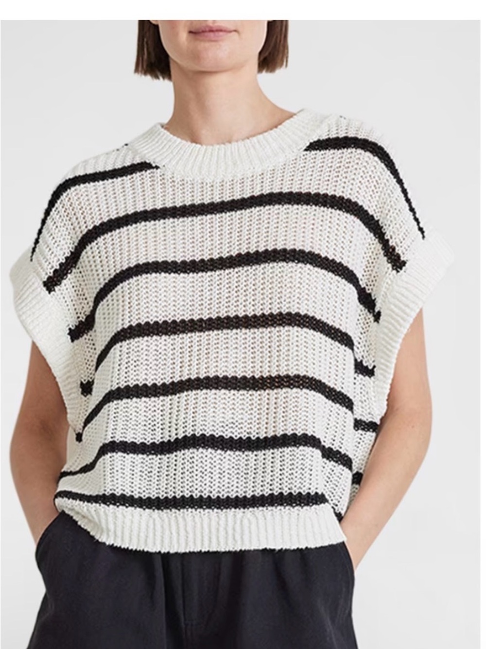 Apiece Apart Striped Crewneck Sweater White/Black XS/S Oliva Striped Cap Sleeve